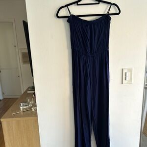 Navy Blue Sleeveless Jumpsuit Fitted Waist Wide Legs